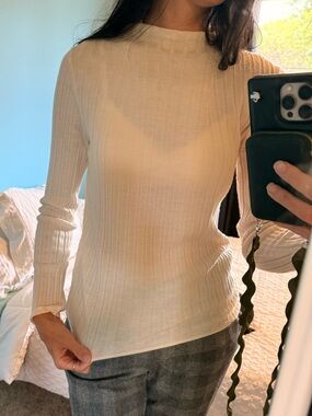 NWOT 100% Merino Wool Banana Republic Ribbed Long-Sleeve Crewneck Top - Cream